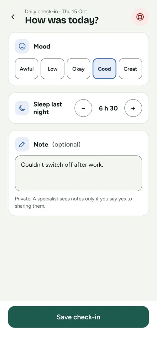 Daily check-in screen: mood, sleep and a private note.