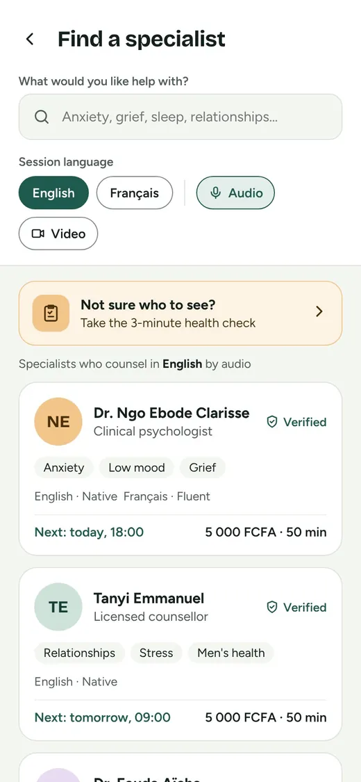 The Solace Care app: find a specialist by need, session language and audio or video.